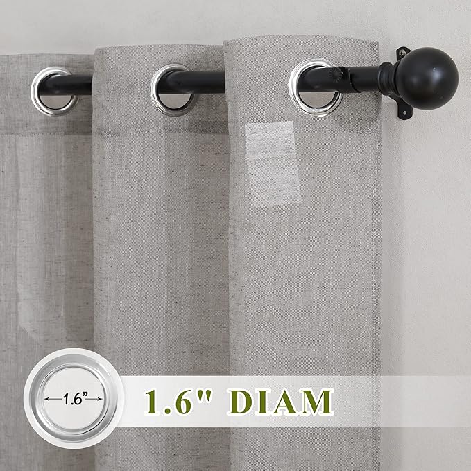 NICETOWN Charcoal Grey Linen Curtains for Bedroom 48 inch Long, Grommet Flax Semi Sheer Short Window Treatments Privacy with Light Filtering Drapes for Kids Room, 2 Panels, W36 x L48