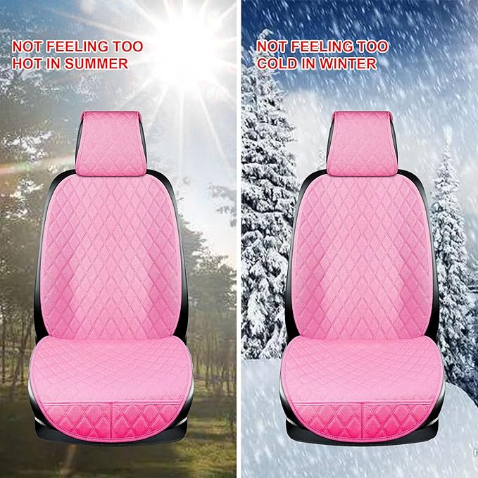 2PCS Linen Front Seat Covers for Cars Sideless Seat Covers Breathable Cloth Fabric Car Seat Protector Universal Fit Most Automotive, SUV, Trucks, Van(Pink)