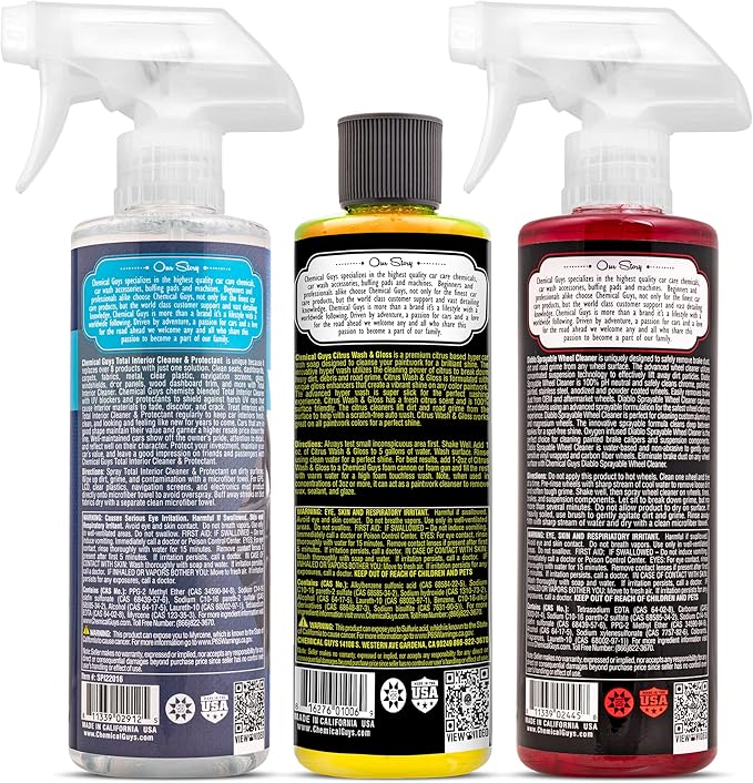 Chemical Guys HOL357 Clean & Shine Car Wash Starter Kit - Safe for Cars, Trucks, Motorcycles, SUVs, Jeeps, RVs & More (7 Piece Set, Including 3 16 oz. Car Detailing Chemicals)