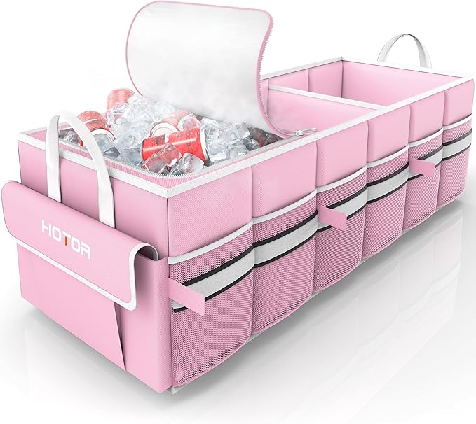 HOTOR Collapsible Car Trunk Organizer with Built-In Leakproof Cooler - Multi-Compartment Storage for SUV, Sedan & Vehicles, Base Panel Included (3 Sections, Pink, 31.9"×12.6"×10.6")