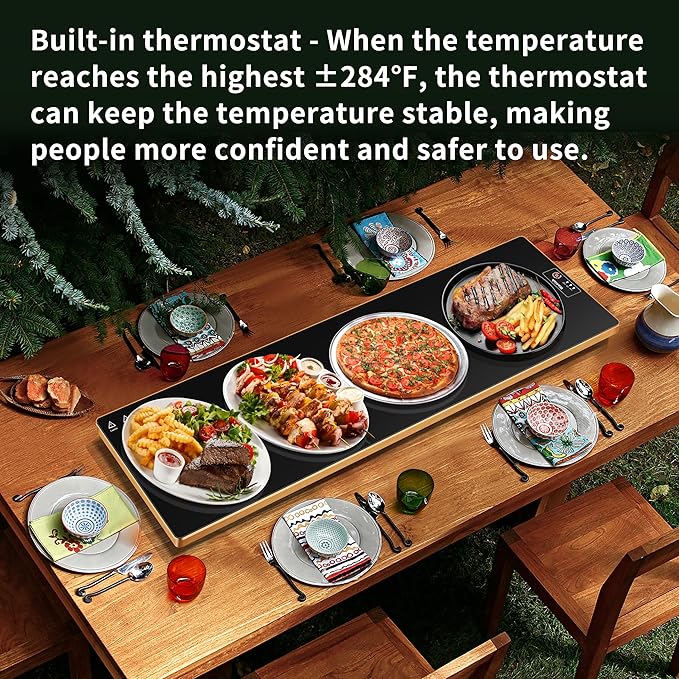 Electric Warming Tray (Extra Long 47”x12”),Food Warmers for Parties Buffet with Thermostat&Full Surface Heating, Tempered Glass Warming Mat for Food, Temperature Adjustable Gold Edges Food Warming Mat