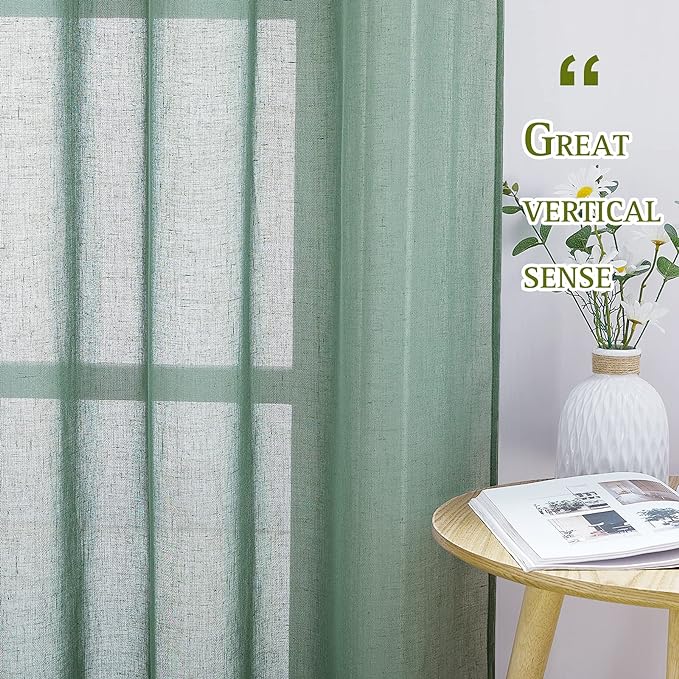 NICETOWN Linen Curtains Flax Sheer Texture for Living Room, Grommet Semi Sheer Vertical Drapes Privacy with Light Filtering for Bedroom/Patio Door, W70 x L96, Olive Green, 1 Pair
