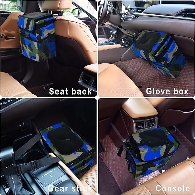 Cute Car Trash Can with Lid – Multipurpose Collapsible Trash Bin for Car, Leak-Proof Organizer, Waterproof Garbage Can with Storage Pockets & Adjustable Straps, 2 Gallons (Camo Blue)