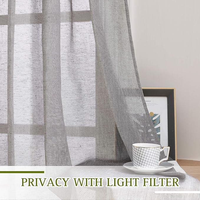 NICETOWN Charcoal Grey Linen Curtains for Bedroom 48 inch Long, Grommet Flax Semi Sheer Short Window Treatments Privacy with Light Filtering Drapes for Kids Room, 2 Panels, W36 x L48