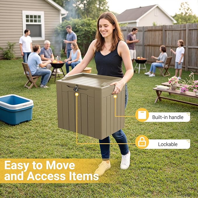 Greesum 31 Gallon Resin Deck Box Large Outdoor Storage for Patio Furniture, Garden Tools, Pool Supplies, Weatherproof and UV Resistant, Lockable, Light Coffee