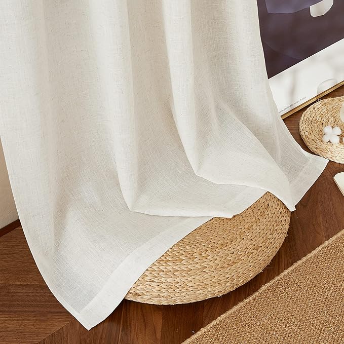 NICETOWN Semi Sheer Linen Burlap Curtains for Living Room, Grommet Privacy Semitransparent with Light Filter Flax Linen Blend Drapes for Bedroom Hall/Villa, W52 x L108, 2 Panels