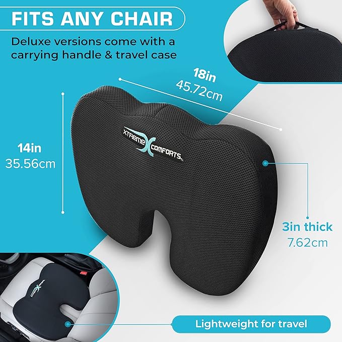 Xtreme Comforts Seat Cushions | Office Chair Cushions for Desk, Car, Wheelchair| Ergonomic Memory Foam Seat Cushion for Support & Comfort | Helps Improve Sitting Posture for Work & Body Relief