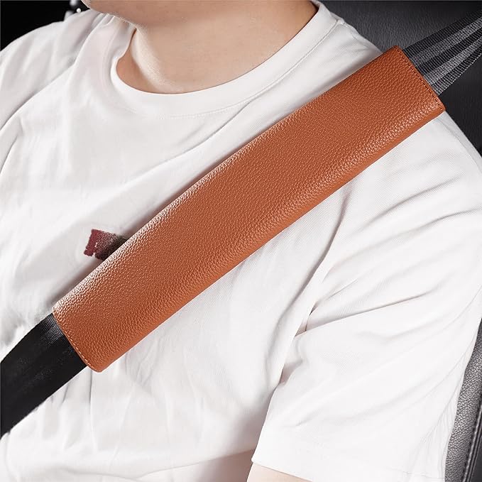 Car Seat Belt Covers for Adults Soft Leather Safety Seatbelt Shoulder Pad Neck Cushion Protector Comfortable Driving Car Accessories Truck SUV Airplane Backpack (SC01Brown-12.4in-2Pack)