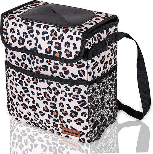 Cute Car Trash Can with Lid – Multipurpose Collapsible Trash Bin for Car, Leak-Proof Organizer, Waterproof Garbage Can with Storage Pockets & Adjustable Straps, 2 Gallons (Leopard Print)