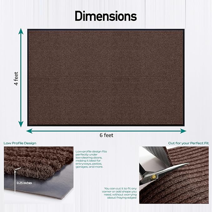 MaxMat® Heavy Duty Entry Floor Mat - Large Commercial, Indoor/Outdoor, Waterproof, Easy to Clean, Low-Profile Door Mat (4 x 6 Feet, Brown, MXM-RIB0046BR)
