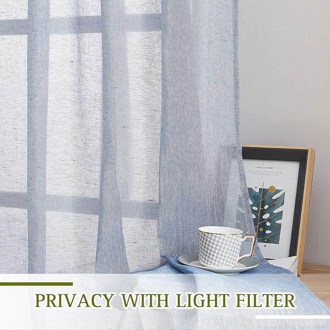 NICETOWN Semi Sheer Linen Blend Window Curtains, Grommet Solid Curtain Privacy with Light Filter Flax Texture Window Treatment Vertical Drape for Bedroom/Farmhouse, W52 x L63, Sea Mist, 1 Pair