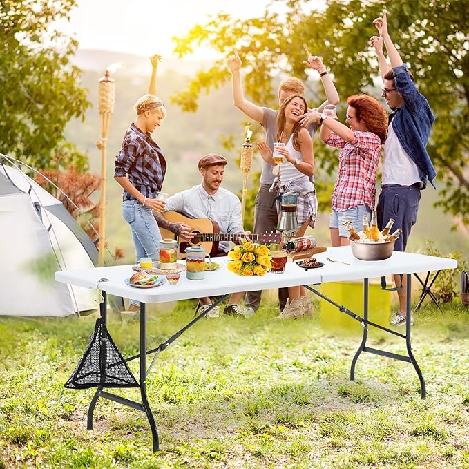 VECELO 6Ft Folding Table,Indoor Outdoor Portable Picnic Plastic Table with Mesh Trash Bag,Heavy Duty Foldable Camp Desk with Handle Legs for Dining Wedding&Party,Pearl White