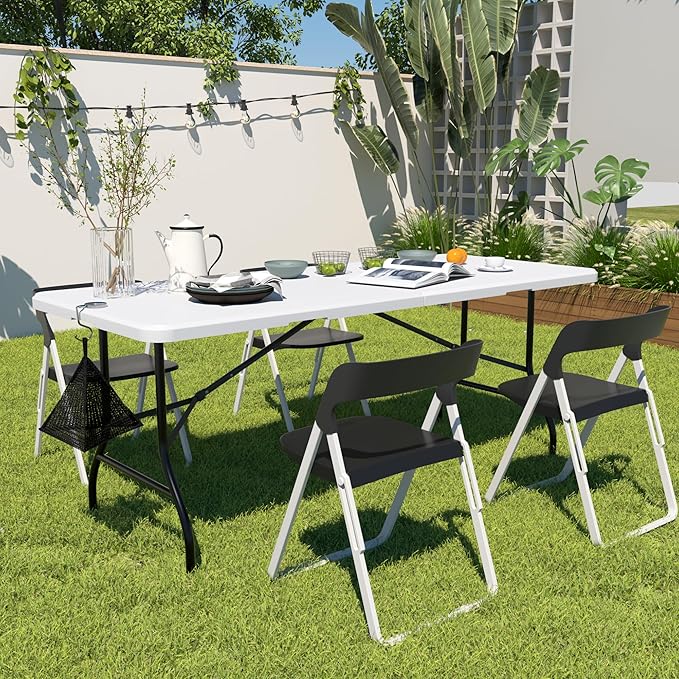 VECELO 6Ft Folding Table,Indoor Outdoor Portable Picnic Plastic Table with Mesh Trash Bag,Heavy Duty Foldable Camp Desk with Handle Legs for Dining Wedding&Party,Pearl White