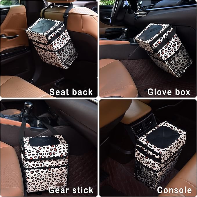 Cute Car Trash Can with Lid – Multipurpose Collapsible Trash Bin for Car, Leak-Proof Organizer, Waterproof Garbage Can with Storage Pockets & Adjustable Straps, 2 Gallons (Leopard Print)