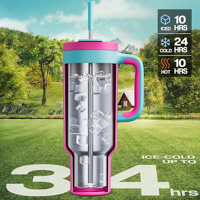 POWCAN 50 oz Tumbler with Handle, 2-in-1 Straw and Sip Lid, Leakproof, Dishwasher Safe, Insulated Stainless Steel Travel Coffee Mug, Keeps Cold for 34 Hours, Fits in Car Cup Holder (Barbie)