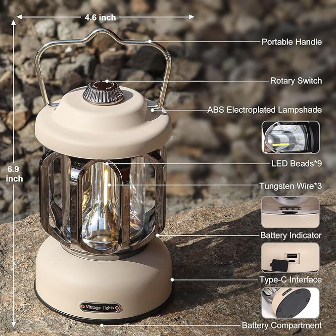 Rechargeable LED Camping Lanterns, Vintage Camping Lights Battery Operated, Portable Retro Metal Glamping Lights for Hiking, Hurricane, Decoration, Power outages, White, 2 Pack
