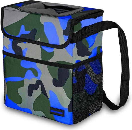 Cute Car Trash Can with Lid – Multipurpose Collapsible Trash Bin for Car, Leak-Proof Organizer, Waterproof Garbage Can with Storage Pockets & Adjustable Straps, 2 Gallons (Camo Blue)