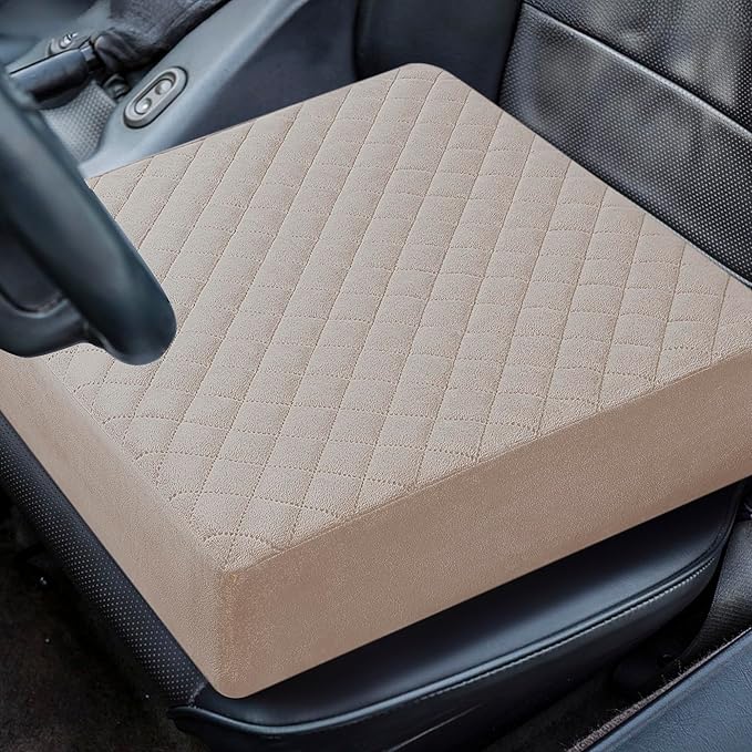 Booster Cushion for Adults - 18x18x5 Extra-Firm Seat Cushion for Home, Office, Wheelchair & Car - Washable Velvety Cover with Waterproof Layer & Non-Slip Base - Back Pain Relief - Beige