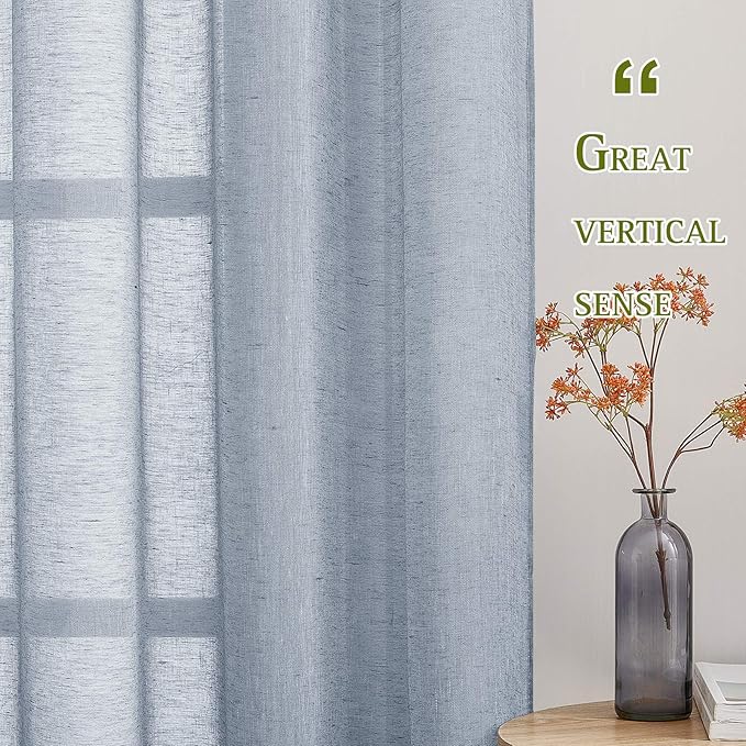 NICETOWN Semi Sheer Linen Blend Window Curtains, Grommet Solid Curtain Privacy with Light Filter Flax Texture Window Treatment Vertical Drape for Bedroom/Farmhouse, W52 x L63, Sea Mist, 1 Pair