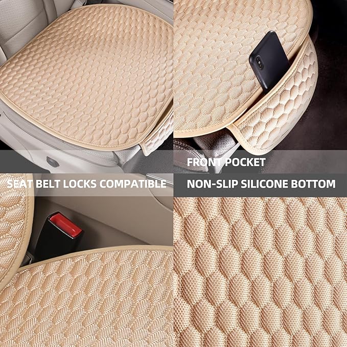Car Seat Covers Cushion Pad,2PCS Front Bottom Seat Covers for Cars,Super Breathable,Storage Bags,Anti-Slip,Universal Automotive Seat Covers Fit for Most Sedans SUV Pick-up(2Pcs Beige)