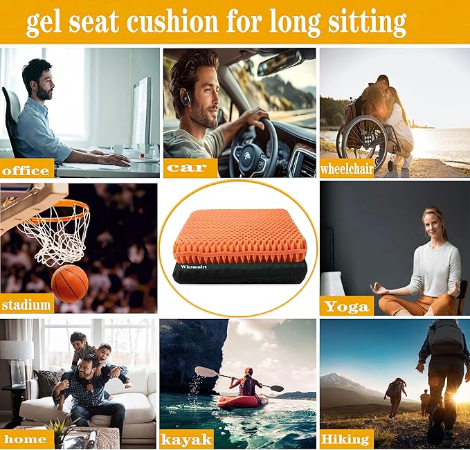 Plus Size Gel Seat Cushion for Long Sitting, Extra Large and Thick, Seat Cushion for Back, Sciatica, Hip, Tailbone Pain Relief , Used for the Office, Wheelchair, Car, Truck, Recliner, Stadium.(Orange)