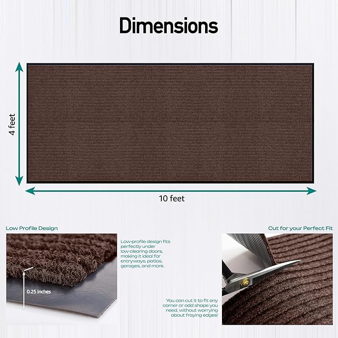 MaxMat® Extra Large Rubber Entry Mat - Heavy Duty, Waterproof, Low-Profile, Easy to Clean, Industrial Doormat (4 x 10 Feet, Brown, MXM-RIB0410BR)