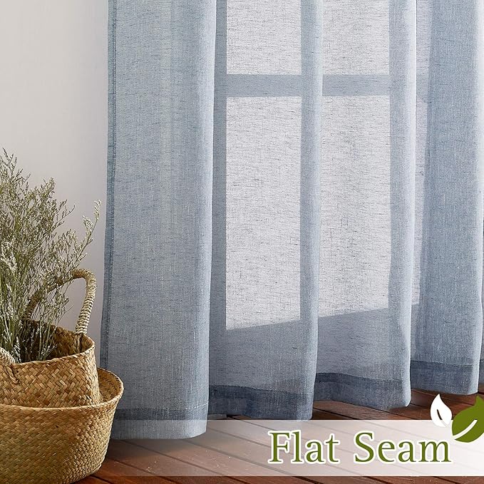 NICETOWN Semi Sheer Linen Blend Window Curtains, Grommet Solid Curtain Privacy with Light Filter Flax Texture Window Treatment Vertical Drape for Bedroom/Farmhouse, W52 x L63, Sea Mist, 1 Pair