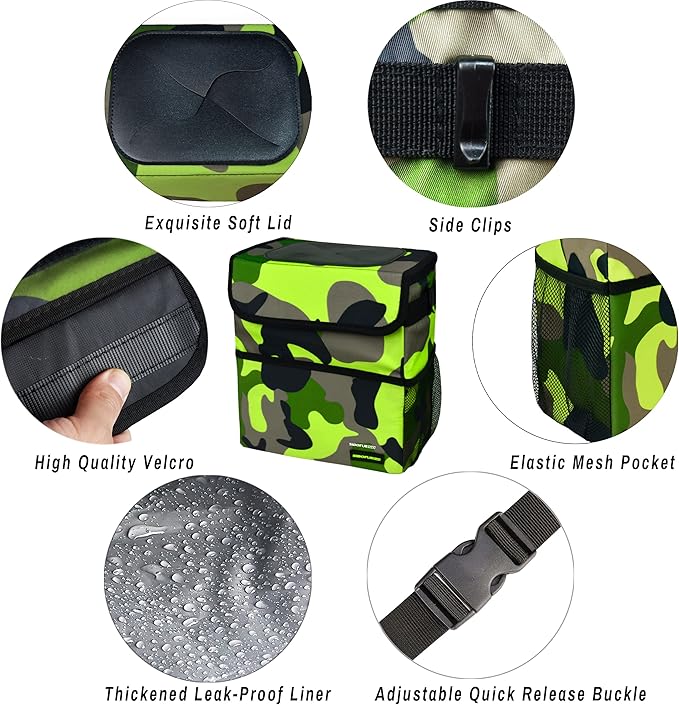 Cute Car Trash Can with Lid – Multipurpose Collapsible Trash Bin for Car, Leak-Proof Organizer, Waterproof Garbage Can with Storage Pockets & Adjustable Straps, 2 Gallons (Camo Green)