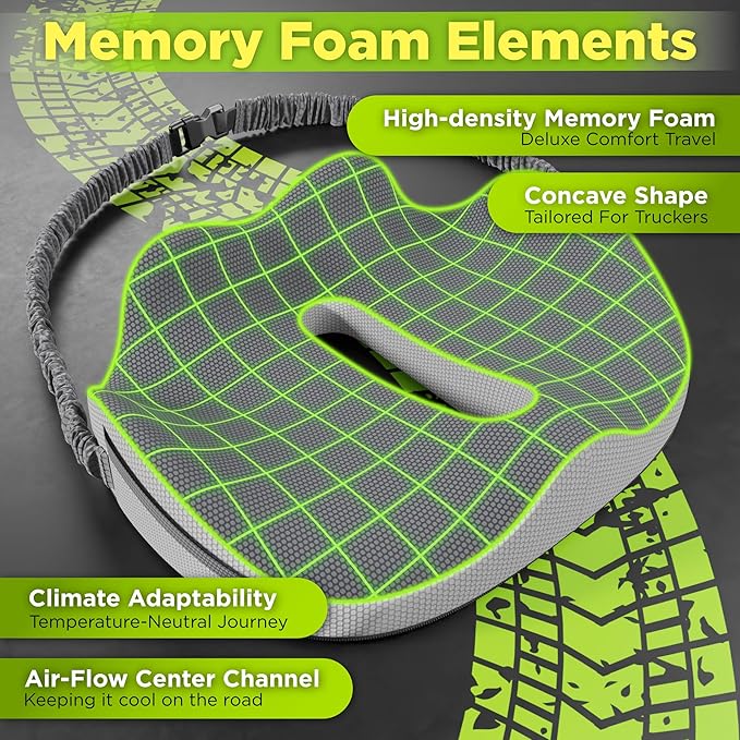 Large Truck Seat Cushion for Truck Driver Seat Cushion - Upgraded Back Support, CertiPUR-USยฎ Certified - Thick Memory Foam, Pain Relief for Hours of Driving, Trucker Approved Big Rig - Gray
