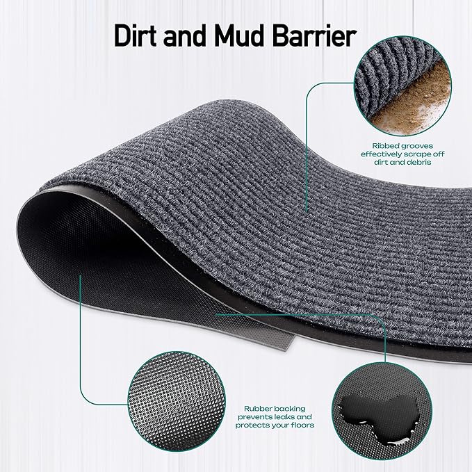 MaxMat® Oversized Rubber Door Mat - Heavy Duty, Waterproof, Low-Profile, Easy to Clean, Commercial Floor Mat (3 x 16 Feet, Grey, MXM-RIB0316GR)