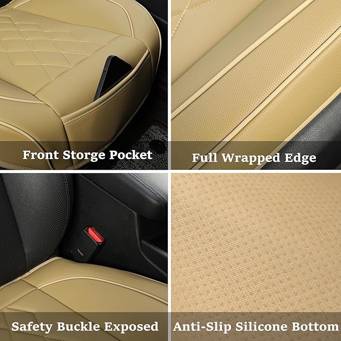 JOJOBAY Leather Car Seat Cover,Bottom Seat Covers for Cars,Front Seat Protector,Fit for 95% of Vehicles - Padded,Anti-Slip(1 PC,Beige)