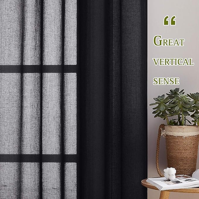 NICETOWN Black Curtains Linen Sheer Textured, Grommet Semi Sheer Linen Blend Bedroom Curtains Privacy with Light Through Window Treatment for Boys Room/Office, W52 x L90, 2 Pieces