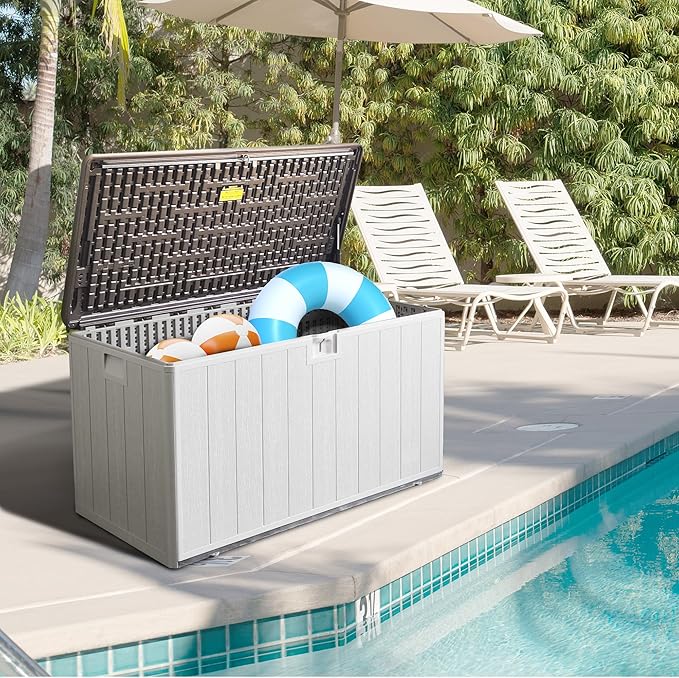 TARKARI Premium Pro Edition 110 Gallon Lockable Resin Deck Box, Waterproof & UV-Resistant Outdoor Storage Box for Outdoor Cushion Storage, Garden Tools & Pool Accessories Storage, White