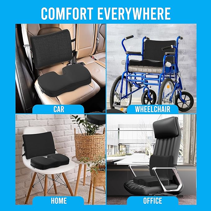 Memory Foam Seat Cushion & Lumbar Support Pillow Set w/Mesh & Velvet Covers - for Office Chair, Car, Plane, Travel - Back Rest Coccyx Pillow for Lower Back, Sciatica, Posture