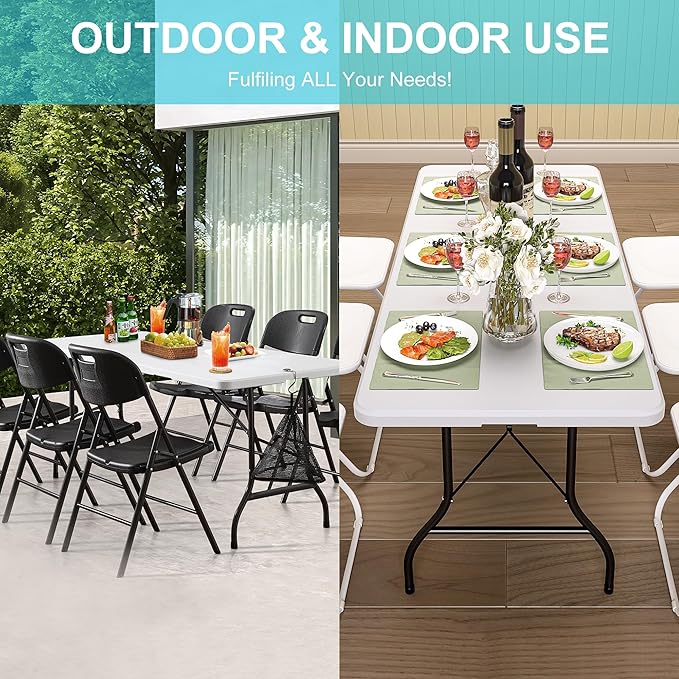 VECELO 6Ft Folding Table,Indoor Outdoor Portable Picnic Plastic Table with Mesh Trash Bag,Heavy Duty Foldable Camp Desk with Handle Legs for Dining Wedding&Party,Pearl White
