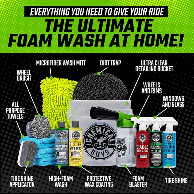 Chemical Guys HOL126 14-Piece Arsenal Builder Car Wash Kit with Foam Gun, Bucket, and (5) 16 oz Car Care Cleaning Chemicals, Gift for Car & Truck Lovers, Dads and DIYers (Works w/Garden Hose)