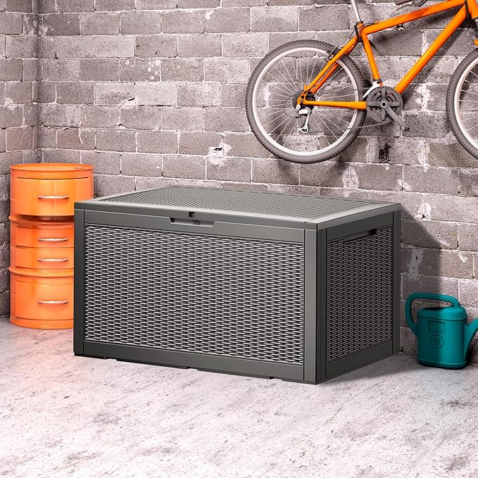 100 Gallon Waterproof Deck Box, Lockable Resin Storage Box for Patio Furniture Cushions Garden Tools and Outdoor Delivery Storage, Coffee
