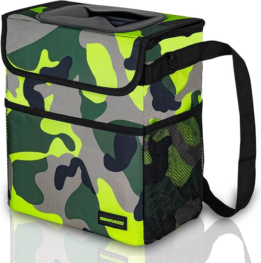 Cute Car Trash Can with Lid – Multipurpose Collapsible Trash Bin for Car, Leak-Proof Organizer, Waterproof Garbage Can with Storage Pockets & Adjustable Straps, 2 Gallons (Camo Green)