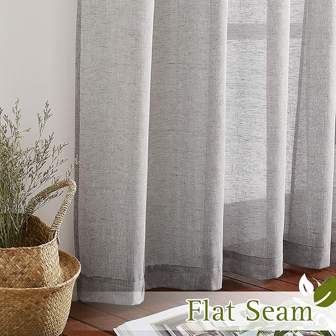 NICETOWN Charcoal Grey Linen Curtains for Bedroom 48 inch Long, Grommet Flax Semi Sheer Short Window Treatments Privacy with Light Filtering Drapes for Kids Room, 2 Panels, W36 x L48