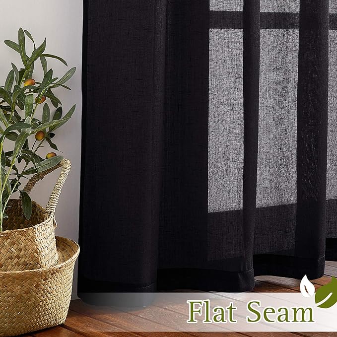 NICETOWN Black Curtains Linen Sheer Textured, Grommet Semi Sheer Linen Blend Bedroom Curtains Privacy with Light Through Window Treatment for Boys Room/Office, W52 x L90, 2 Pieces