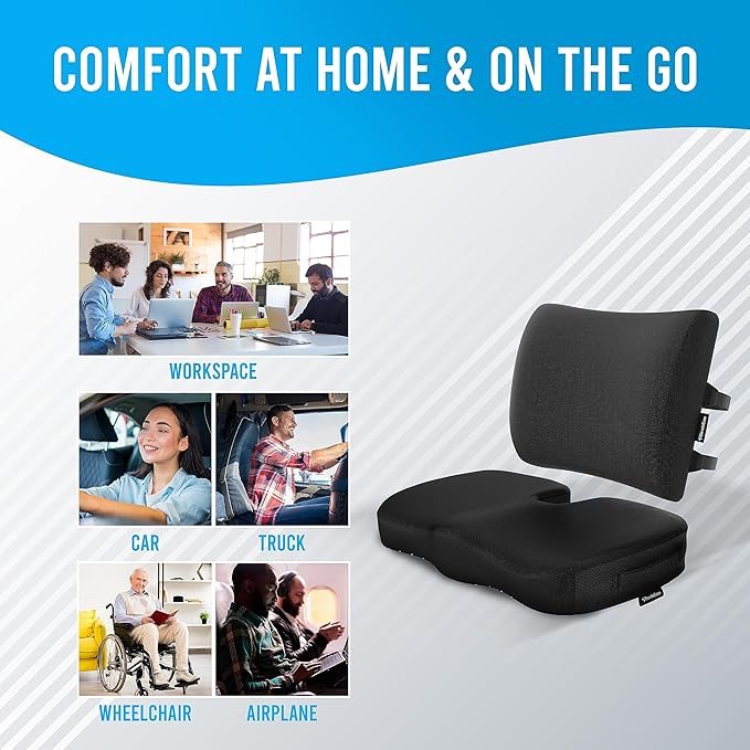 Memory Foam Seat Cushion & Lumbar Support Pillow Set w/Mesh & Velvet Covers - for Office Chair, Car, Plane, Travel - Back Rest Coccyx Pillow for Lower Back, Sciatica, Posture