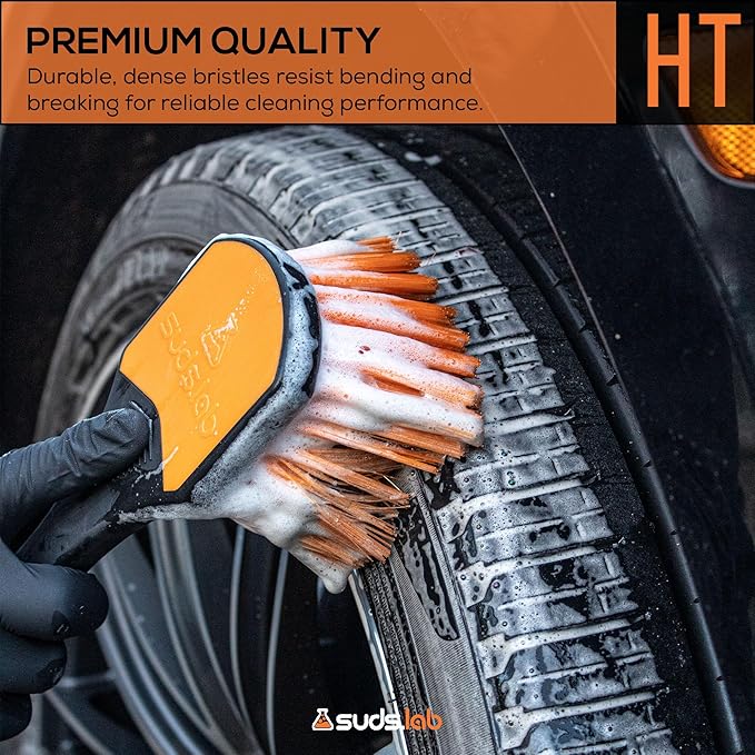 Suds Lab Heavy Duty Tire Brush Rubberized Handle Soft Bristle Car Detailing Wheel Brush, Rim, Wheel, Dust Cleaner Brush