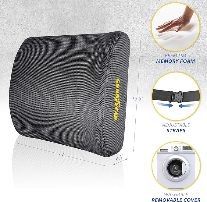 Goodyear Ergonomic Lumbar Support Pillow for Office Chair, Gaming Chair, or Car, Memory Foam Cushion with Ventilated Mesh and Adjustable Strap