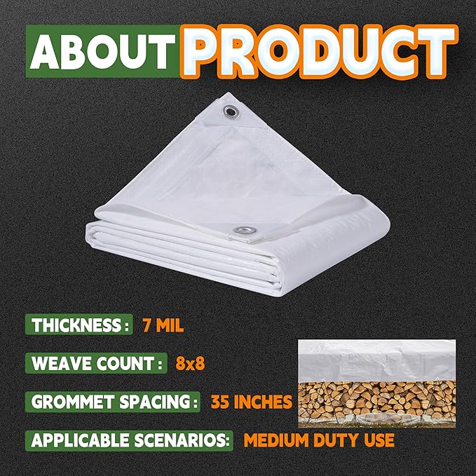 RAINDEWAY Tarps 14x14 Feet Tarp Waterproof,7Mil Thick,Finished Size,UV Resistant,Multipurpose Poly Tarp Cover with Metal Grommets and Reinforced Edges,White Tarps