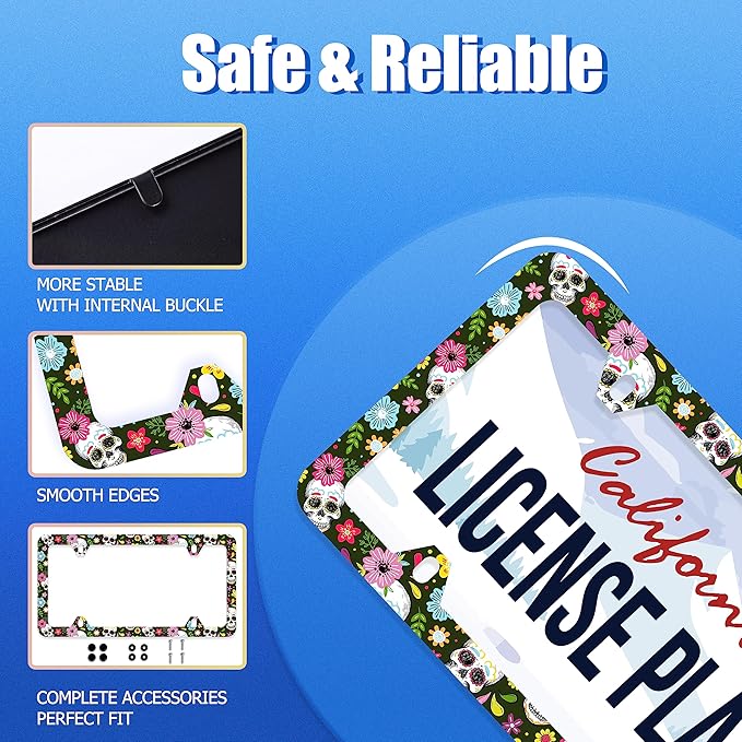 Sugar Skull License Plate Frame Skull and Flowers License Plate Stainless Steel Auto Parts Funny License Plate Decorative with Screws Size 12.3" x 6.3" for Women Men