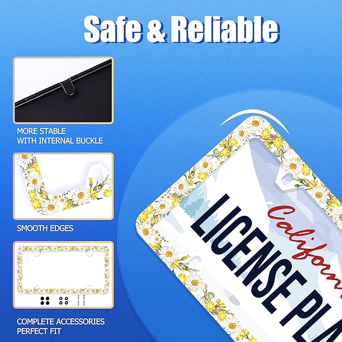 Daisy Flower License Plate Frame Beautiful Floral License Plate Stainless Steel Auto Parts Funny License Plate Decorative with Screws Size 12.3" x 6.3"