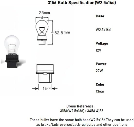 12 Pack 3156 Bulb,T25 3155 3156ll 3456 4156 12v 27w P27w Back Up Light/Reverse Bulb/Turn Signal W2,5x16d Halogen Long Life Bulbs Fit for Cars and Trucks