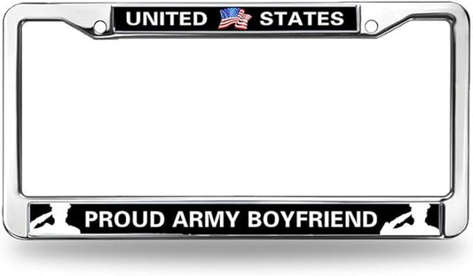 Proud Army Boyfriend 2-Holes Stainless License Plate Frame,Proud US Army Polish White Stainless Steel License Plate Frame with Screws Caps Sets