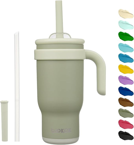 BJPKPK 18 OZ Insulated Travel Tumbler with Handle and Straw, Stainless Steel Water Bottle, Double Wall Vacuum Insulated Mug, for Work, Car, Travel, Forest Green