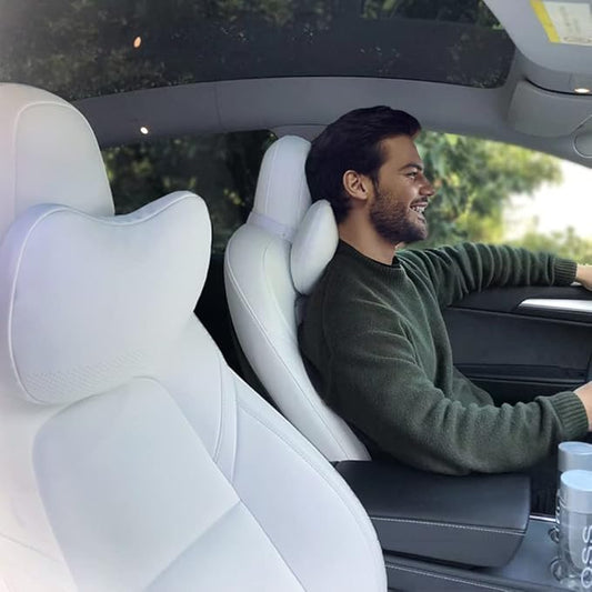 Upgraded Car Headrest Pillow 2 Packs Genuine Nappa Leather Car Neck Pillow Tesla Model Y Model 3 Model X Model S Universal Fit Neck Support Cushion White